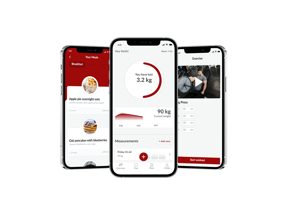 Mobile representation of the meal plan, tracker and the workout feature.